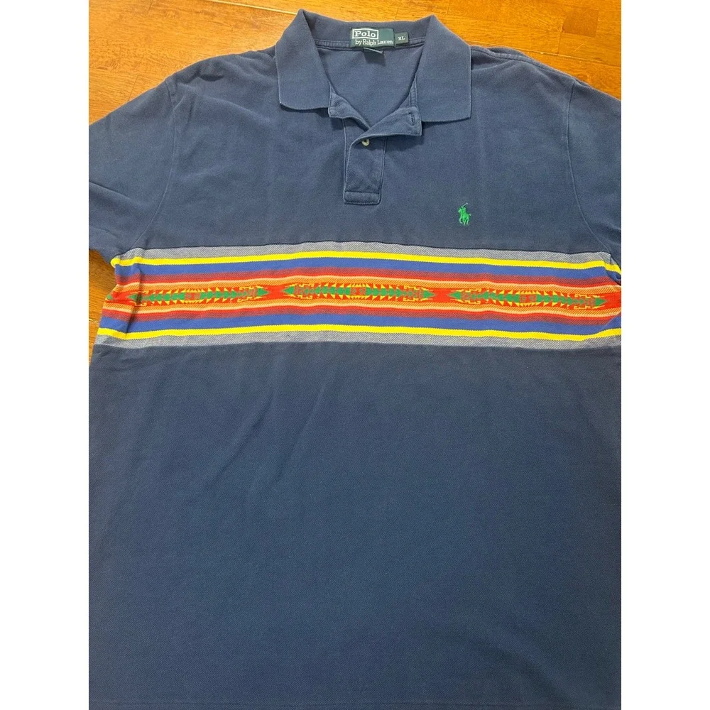 Polo Ralph Lauren Polo Shirt Mens XL Blue Aztec Stripe Southwestern Pony Logo